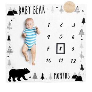 Pondering Pine Milestone Blanket White Organic Cotton Muslin Baby Bear Mountain